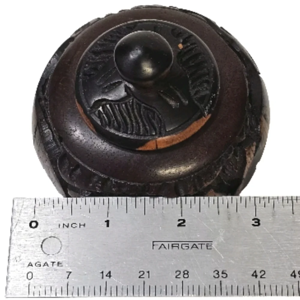 Wooden Brown Bowl Jar Trinket With Lid Elephant  Rhino Buffalo Design Handcarved